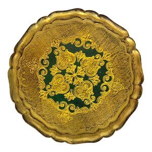 Italian Florentine Tole Green Gold Gilt Round Wood Pedestal Tray Server